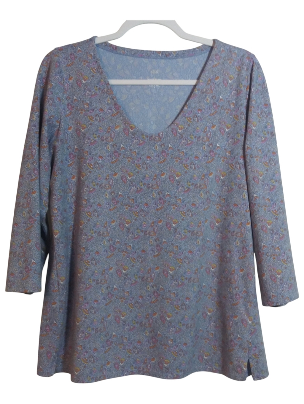 J. Jill Forward-seam Tee Blue Paisley Floral V-neck 3/4 Sleeve Casual Size M